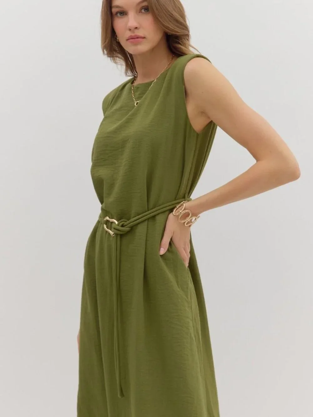 Sage Belted Midi Dress - Picture 5 of 7